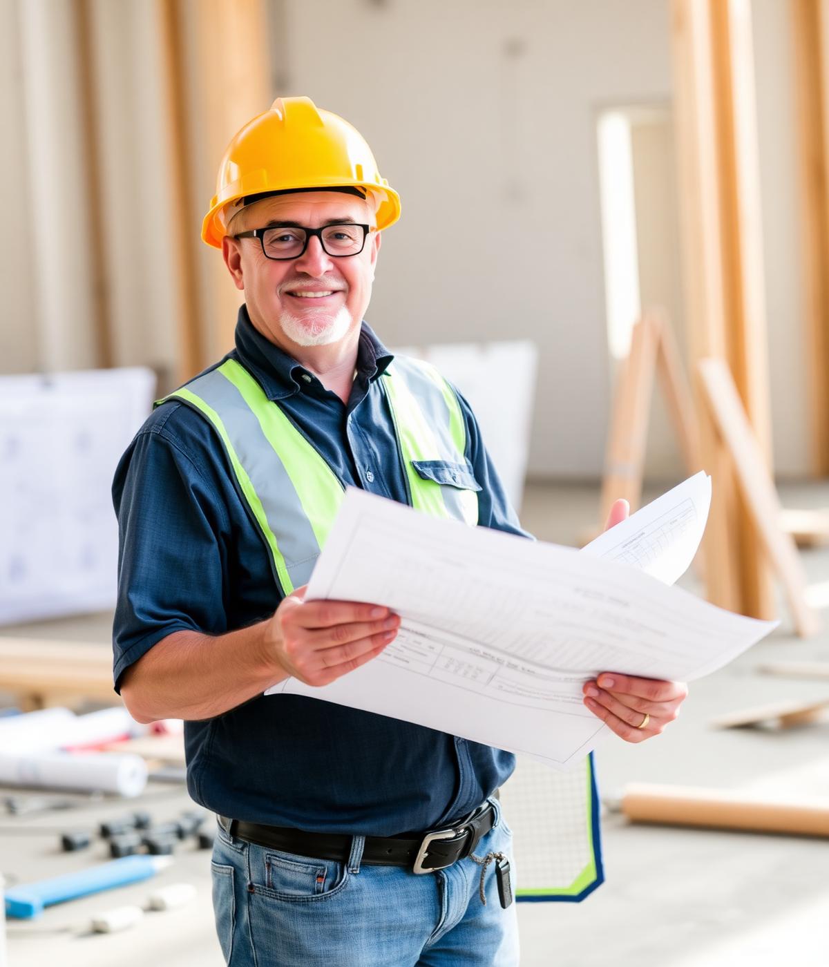 J&J Construction project lead reviewing blueprints on site